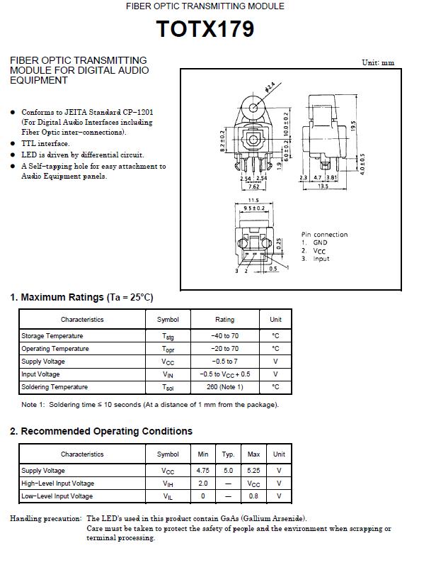 thumbnail image 2 of Toshiba TOTX179L Fiber Optic Transmitter – 5 Pieces, Japan Made, TOTX179 Toslink 2 of 4